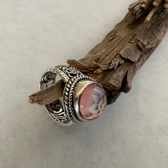 Artisan of Bali Jewelry - Gorgeous Sarda Morganite color quartz triplet .925 silver ring. Size 8